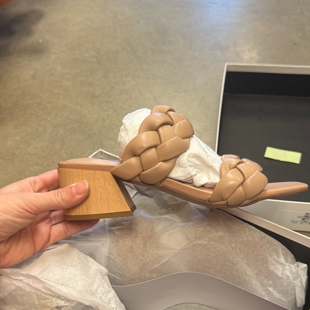 Braided Block-Heel Slide Mule in Tan